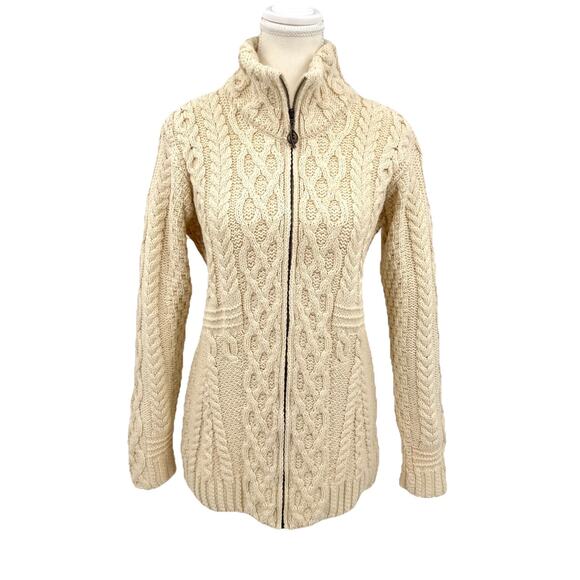 Aran Woollen Mills Cable Aran Full Zip Cardigan Women’s SMALL Merino Wool Chunky - Picture 2 of 10